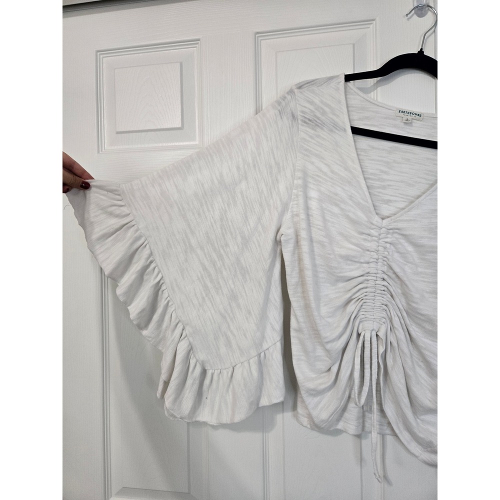 Earthbound Trading Co White Ruched Front Ruffle Bell Sleeve Boho Slub Top Large - Picture 2 of 5